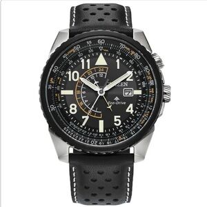 Men's Black Leather Strap Watch Citizen Promaster Nighthawk Eco-Drive 42mm Watch